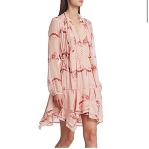 Jonathan Simkhai Pink Long-Sleeve Tiered V-Neck Dress with Red Print
